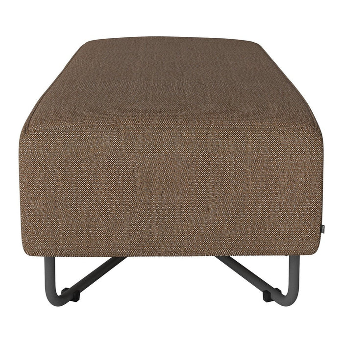 Brown textured ottoman with subtle woven pattern and sleek metal legs. Ideal for modern living spaces.