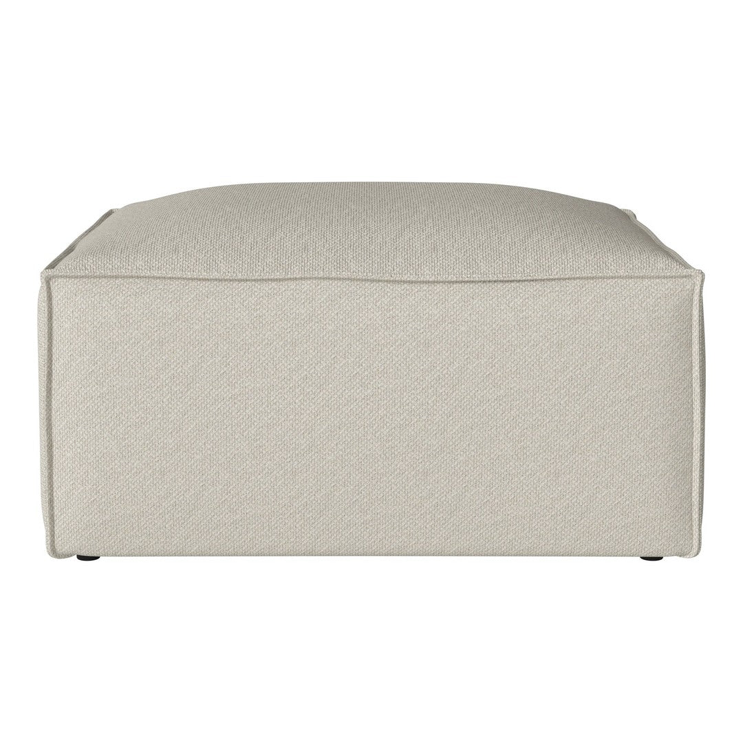 Neutral beige upholstered ottoman with subtle textured pattern, perfect for modern home decor.