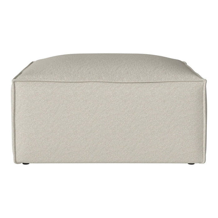 Neutral beige upholstered ottoman with subtle textured pattern, perfect for modern home decor.