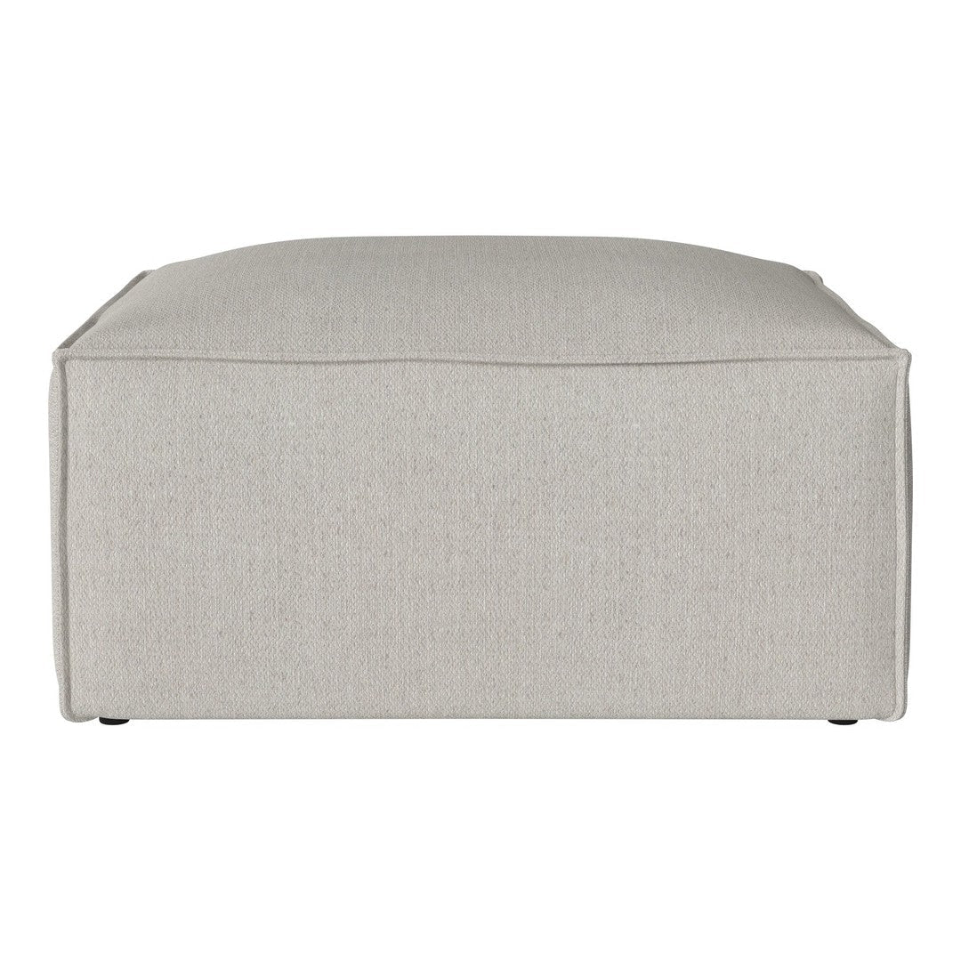 Light gray square ottoman with a textured fabric and clean seams, perfect for modern interiors.