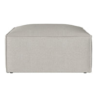 Light gray square ottoman with a textured fabric and clean seams, perfect for modern interiors.