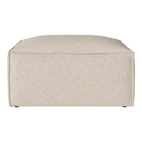 Beige, textured fabric square ottoman with a simple, modern design and clean lines. Perfect for any decor style.