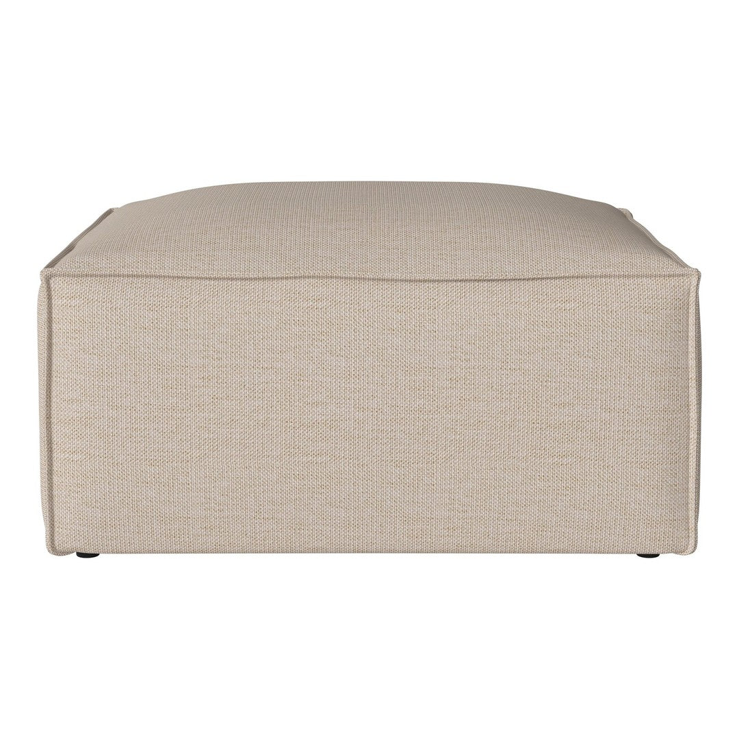 Beige upholstered ottoman with a textured woven pattern, perfect for modern or neutral decor styles.