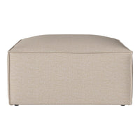 Beige upholstered ottoman with a textured woven pattern, perfect for modern or neutral decor styles.
