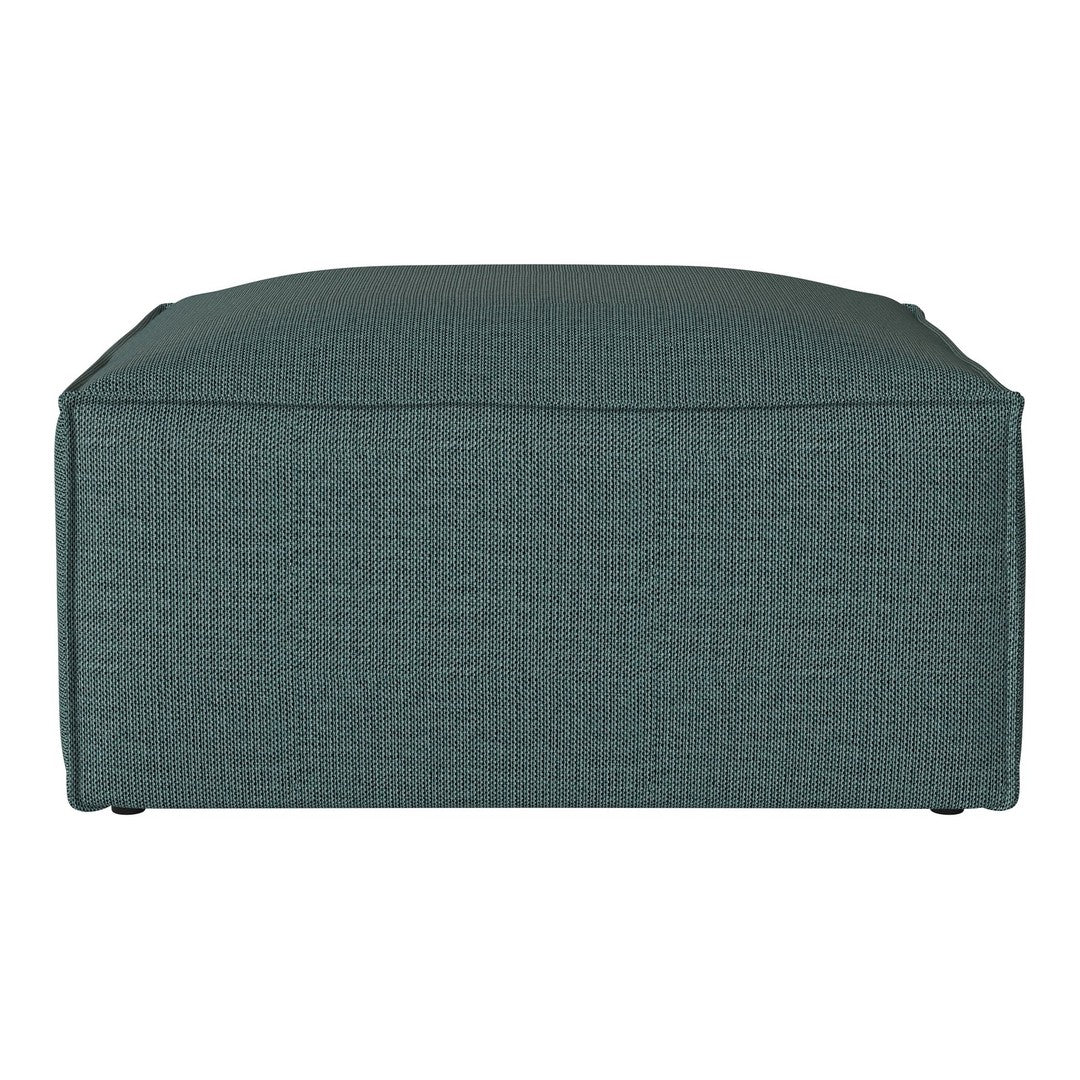 Teal fabric pouf with a textured pattern, ideal for modern living spaces.