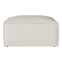Cream-colored, minimalistic square ottoman with sleek, solid fabric design. Perfect for modern decor.