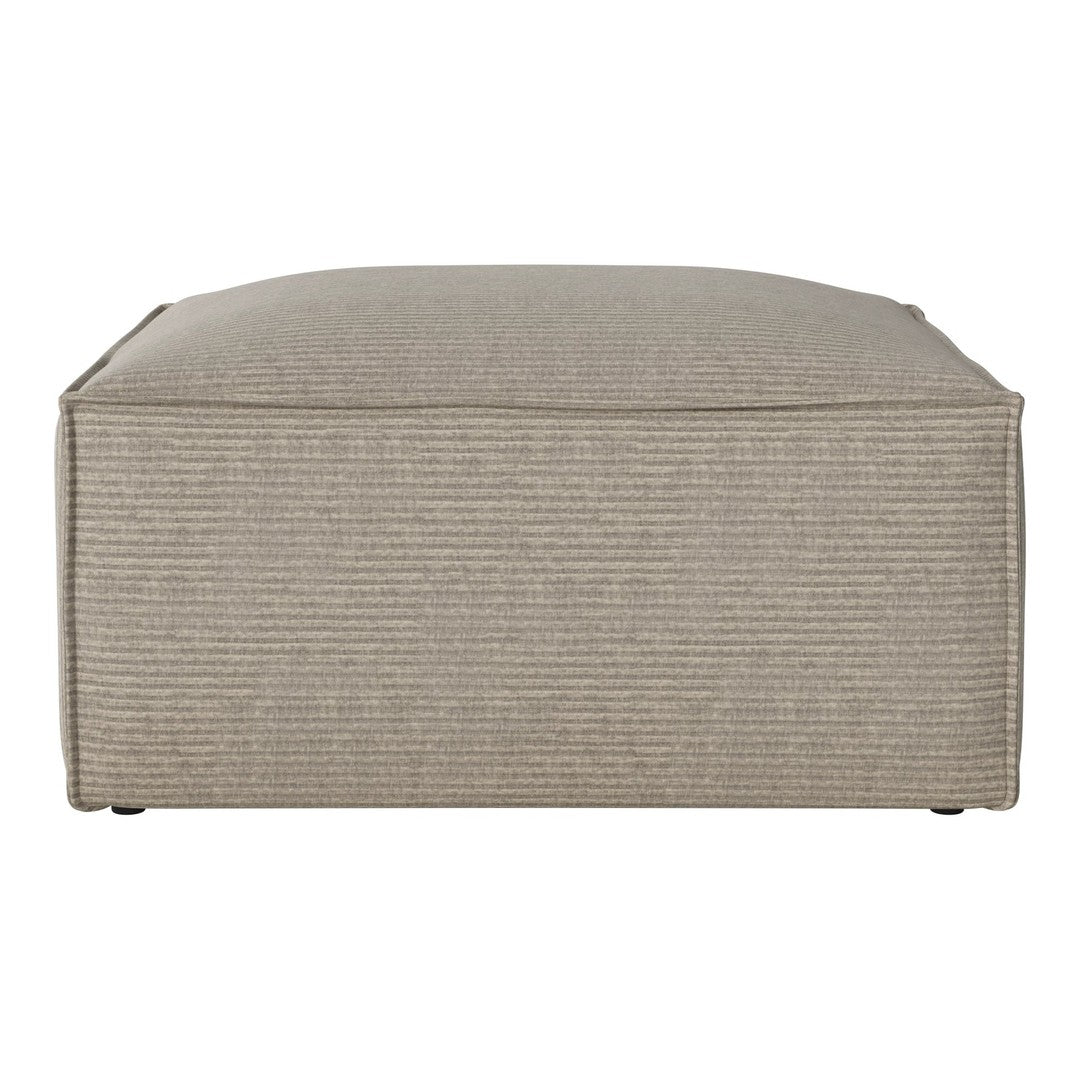 Beige striped ottoman with a simple, modern design, perfect for adding texture to any living space.