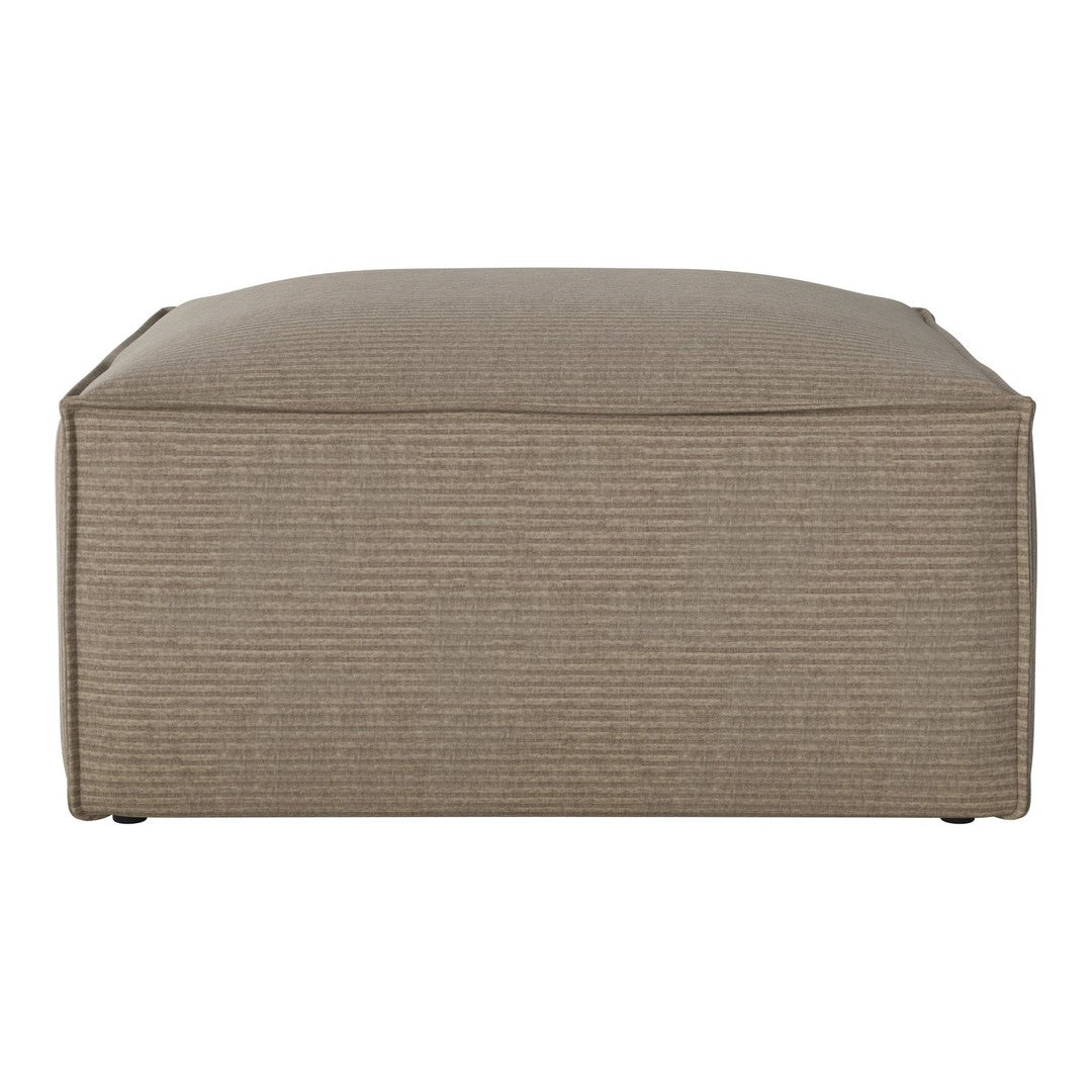 Neutral beige ottoman with subtle vertical striped pattern for a modern touch. Perfect for any living space.
