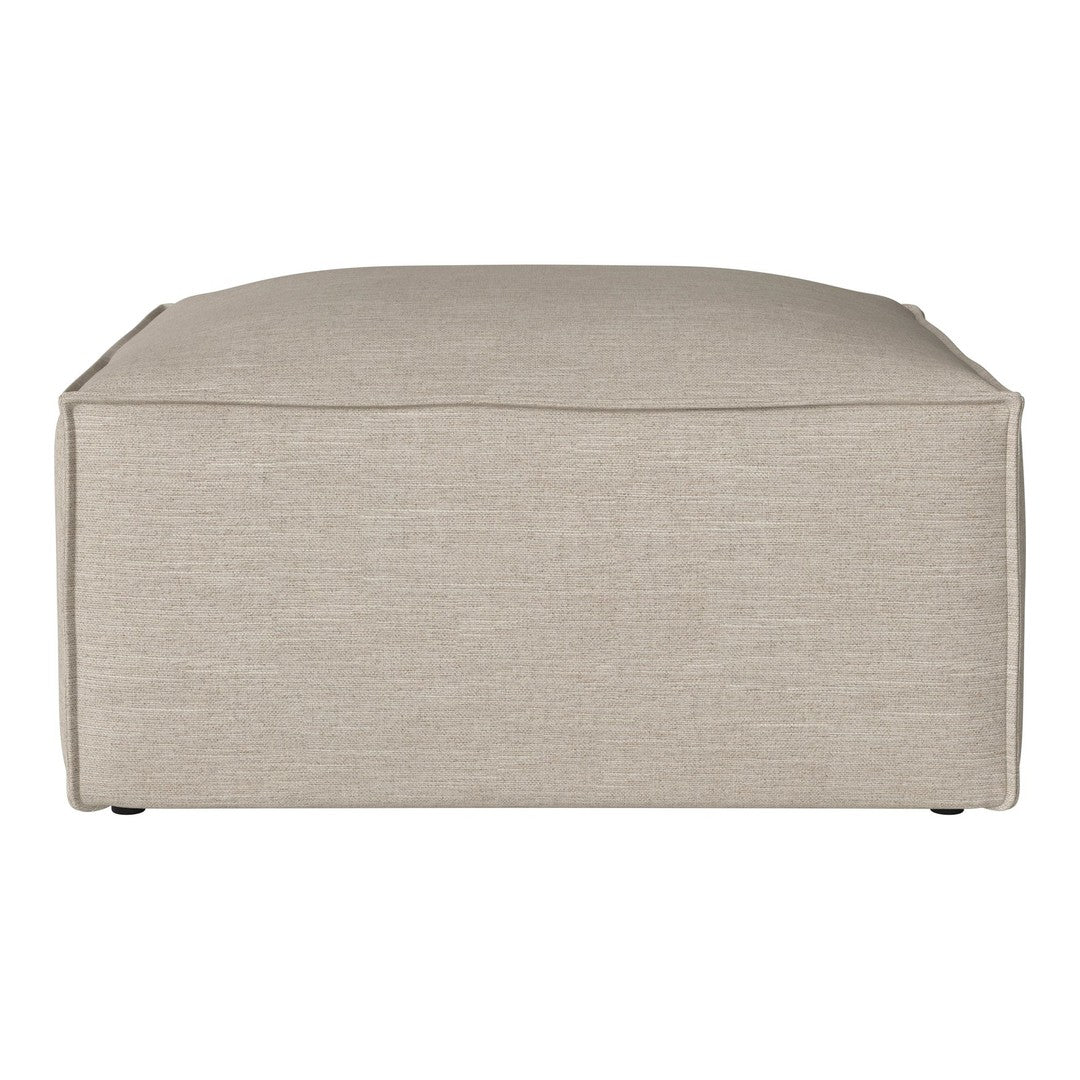 Soft beige ottoman with a textured fabric surface, featuring a minimalist design and no visible patterns.