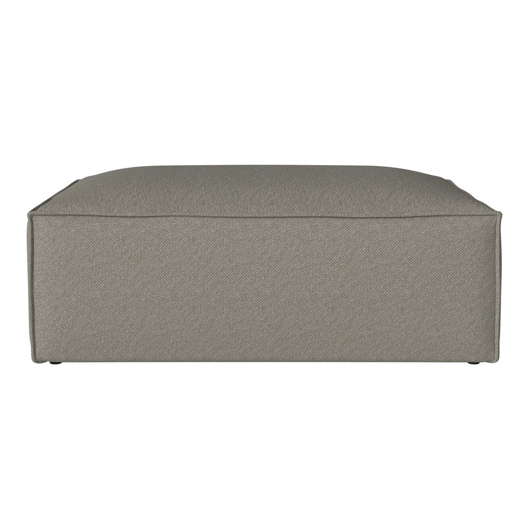 Gray upholstered ottoman with a textured fabric pattern and clean, modern edges. Ideal for contemporary decor.