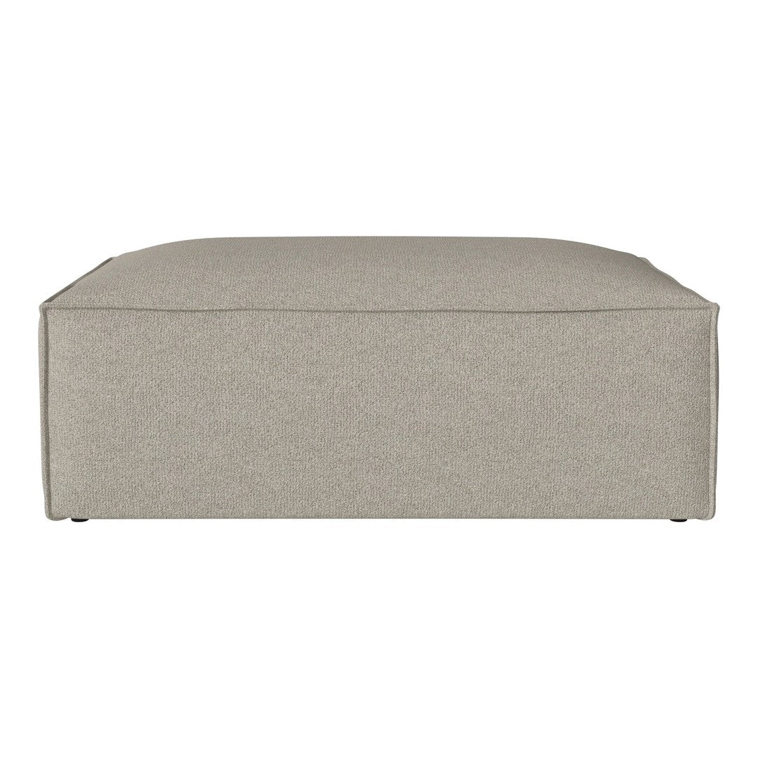 Light grey upholstered ottoman with a smooth, minimalist design. Perfect for modern decor.