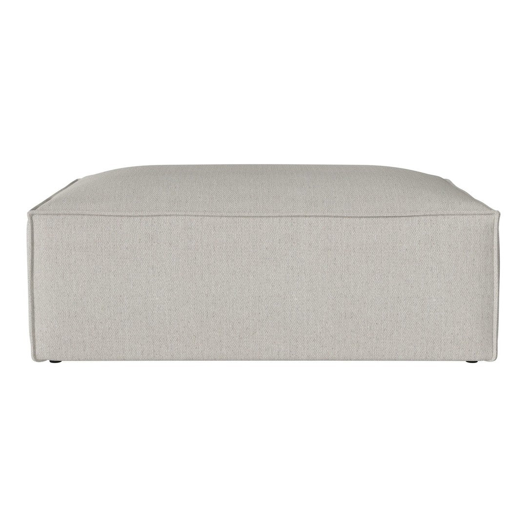 "Light gray upholstered ottoman with a smooth, solid pattern, perfect for modern decor."