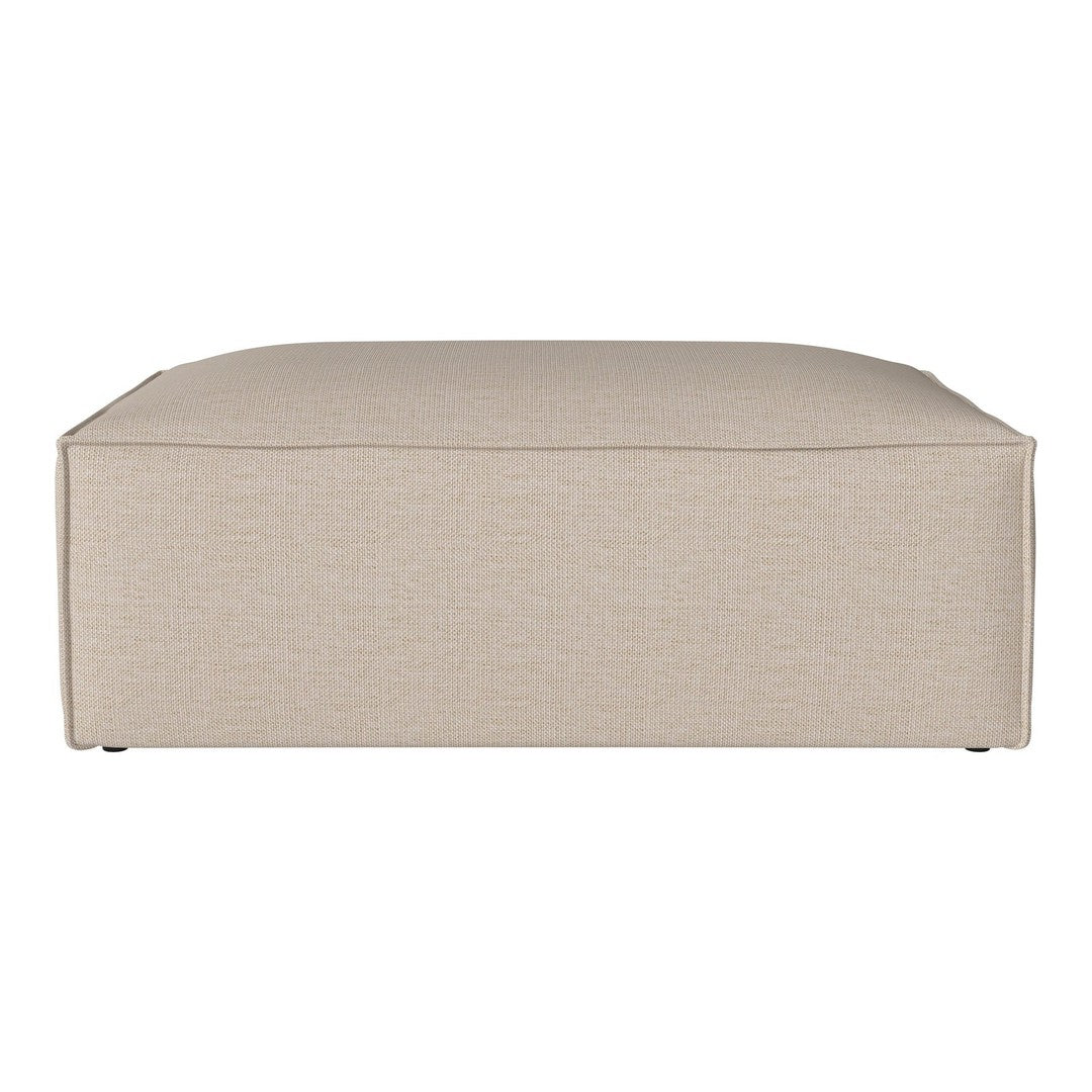 Beige upholstered ottoman with a subtle textured pattern, perfect for stylish home decor.