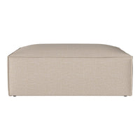 Beige upholstered ottoman with a subtle textured pattern, perfect for stylish home decor.