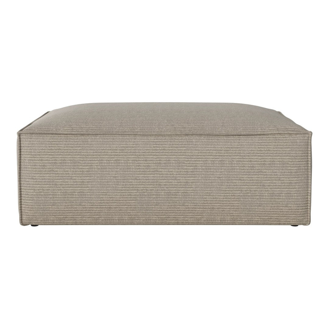 Beige rectangular ottoman with subtle striped texture, perfect for modern decor and versatile seating.