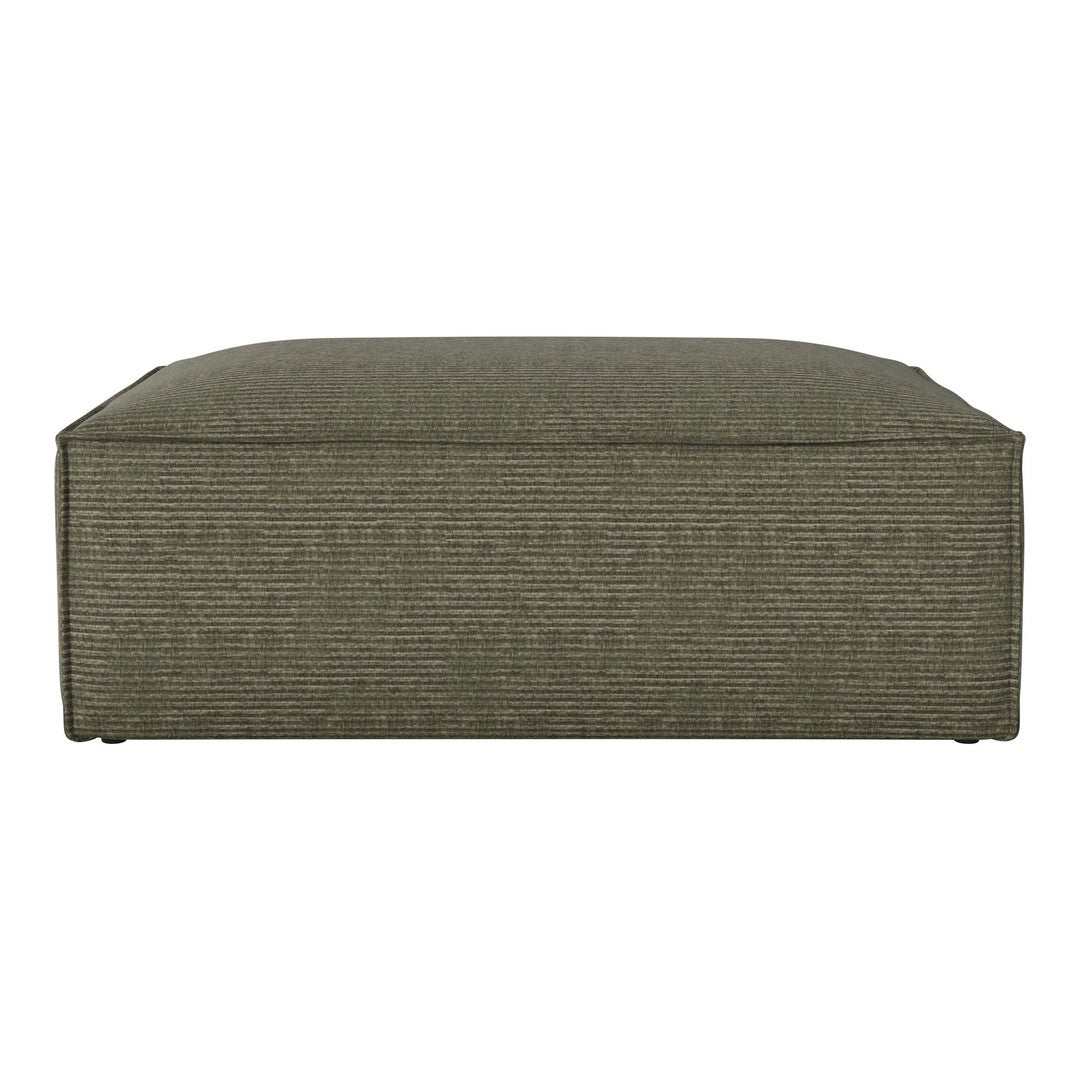 Olive green rectangular ottoman with subtle striped pattern, ideal for modern home decor and versatile styling.