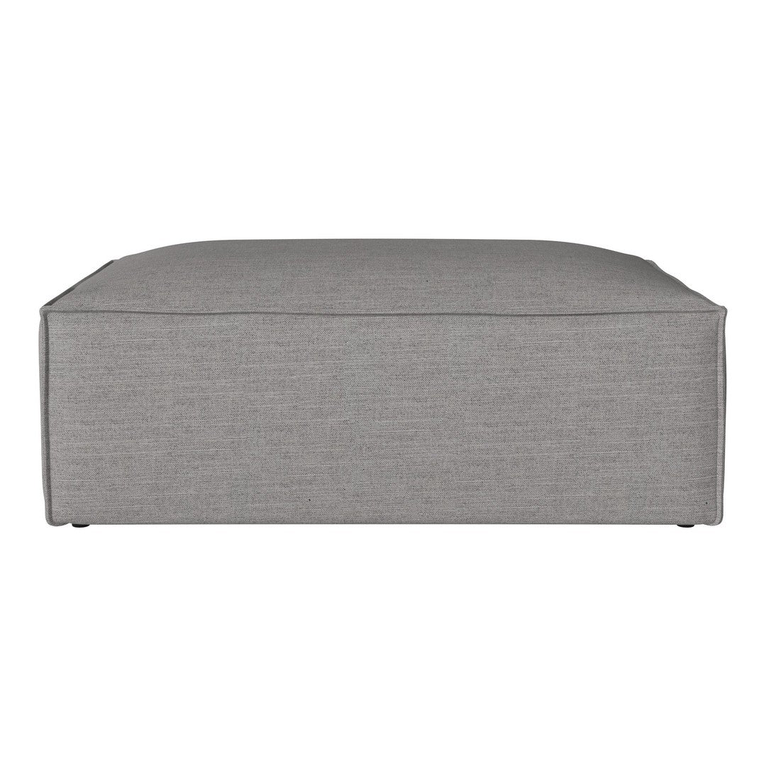 Gray textured ottoman with a minimalist design, featuring clean lines and a smooth, modern finish.