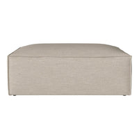 Beige upholstered ottoman in a simple, clean design with a subtle texture. Perfect for versatile home decor.