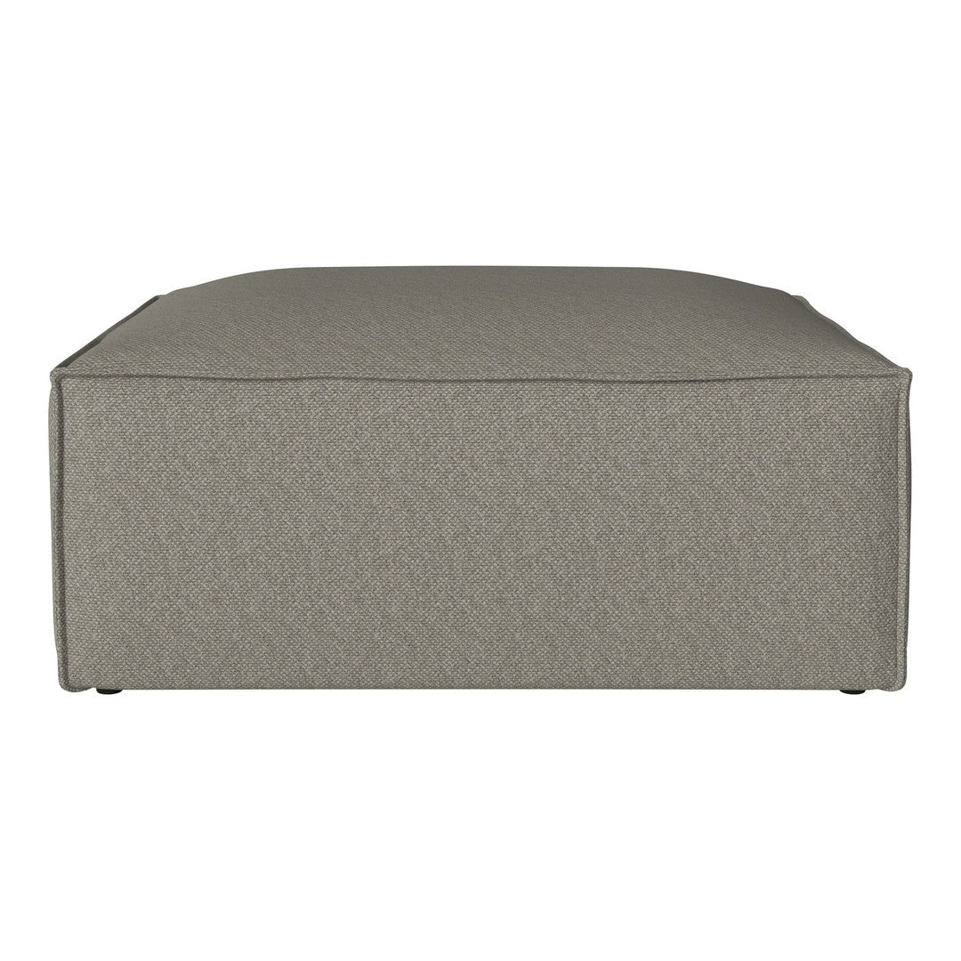 Gray upholstered ottoman with a smooth, textured fabric surface and clean, modern lines. Perfect for any living space.