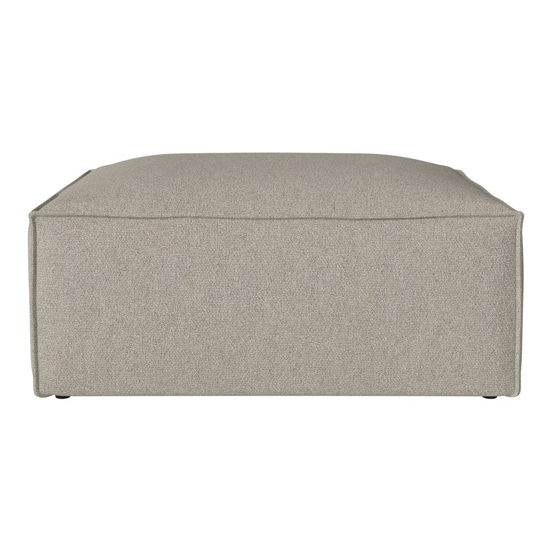 Light grey square ottoman with a smooth, textured fabric finish, ideal for versatile home decor.
