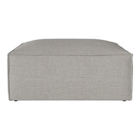 Light gray upholstered ottoman with a smooth, minimalist design and subtle texture pattern. Perfect for any decor style.