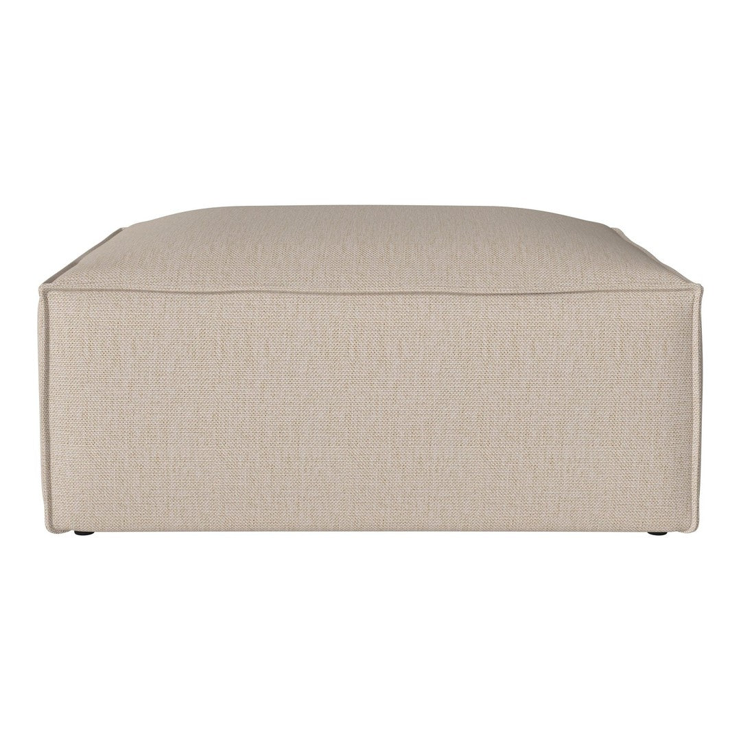 Beige ottoman with a smooth, textured fabric, featuring a simple, modern design. Perfect for versatile decor.