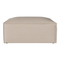 Beige ottoman with a smooth, textured fabric, featuring a simple, modern design. Perfect for versatile decor.