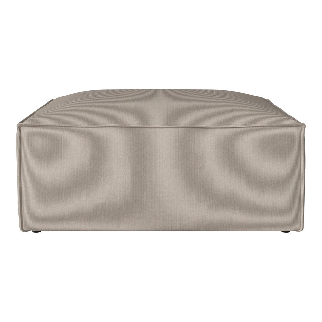 Beige upholstered ottoman with a minimalist design and smooth, solid surface. Perfect for modern decor.