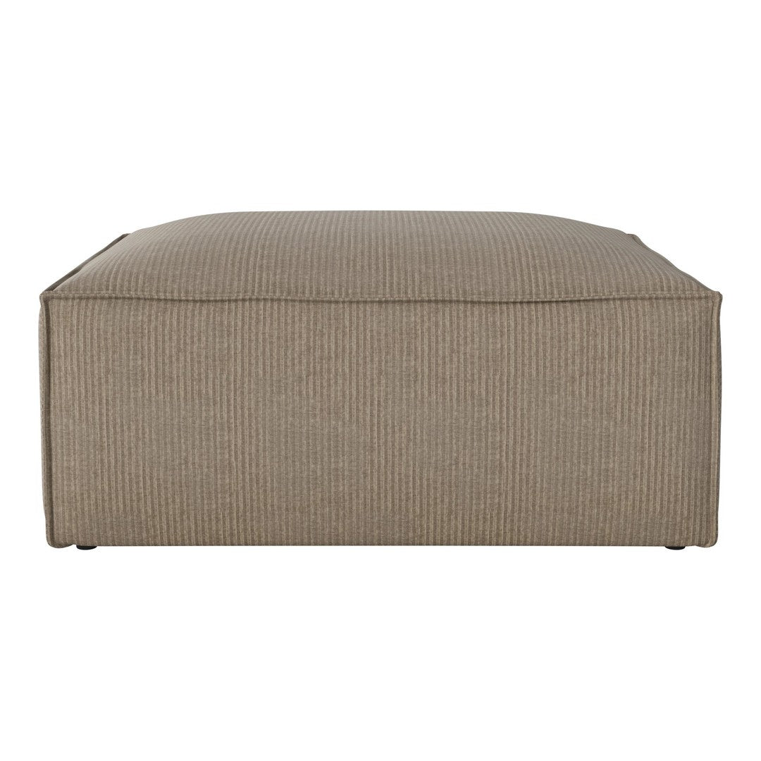 Beige striped ottoman with a clean, contemporary design. Soft texture perfect for any modern living space.