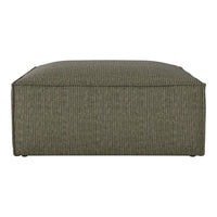 Green striped ottoman with a textured fabric, offering a modern touch to any living space.