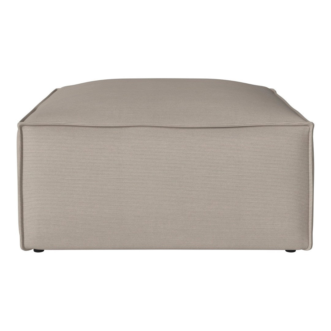 Beige, minimalist ottoman with a smooth, solid surface and sleek design, perfect for modern interiors.