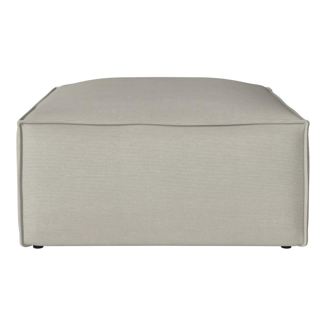 Beige rectangular ottoman with a smooth, textured fabric surface and subtle stitching details.