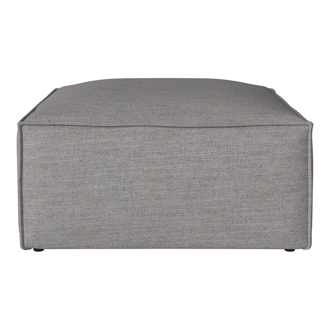 Gray ottoman with a textured weave, featuring a clean, modern design suitable for various decor styles.