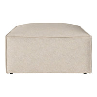 Beige upholstered ottoman with a subtle textured pattern, perfect for minimalist decor.