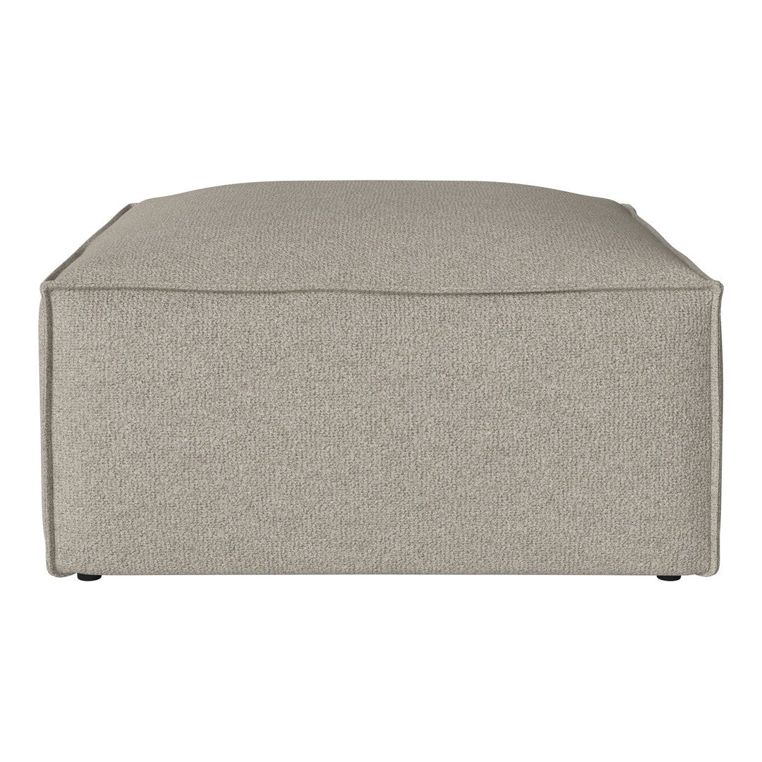 Neutral taupe ottoman with a smooth, textured fabric, perfect for versatile color schemes and modern decor.