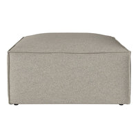 Neutral taupe ottoman with a smooth, textured fabric, perfect for versatile color schemes and modern decor.