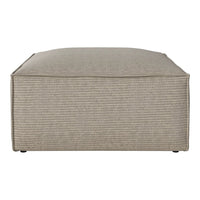 Light beige ottoman with subtle horizontal stripes, perfect for adding texture to any decor.