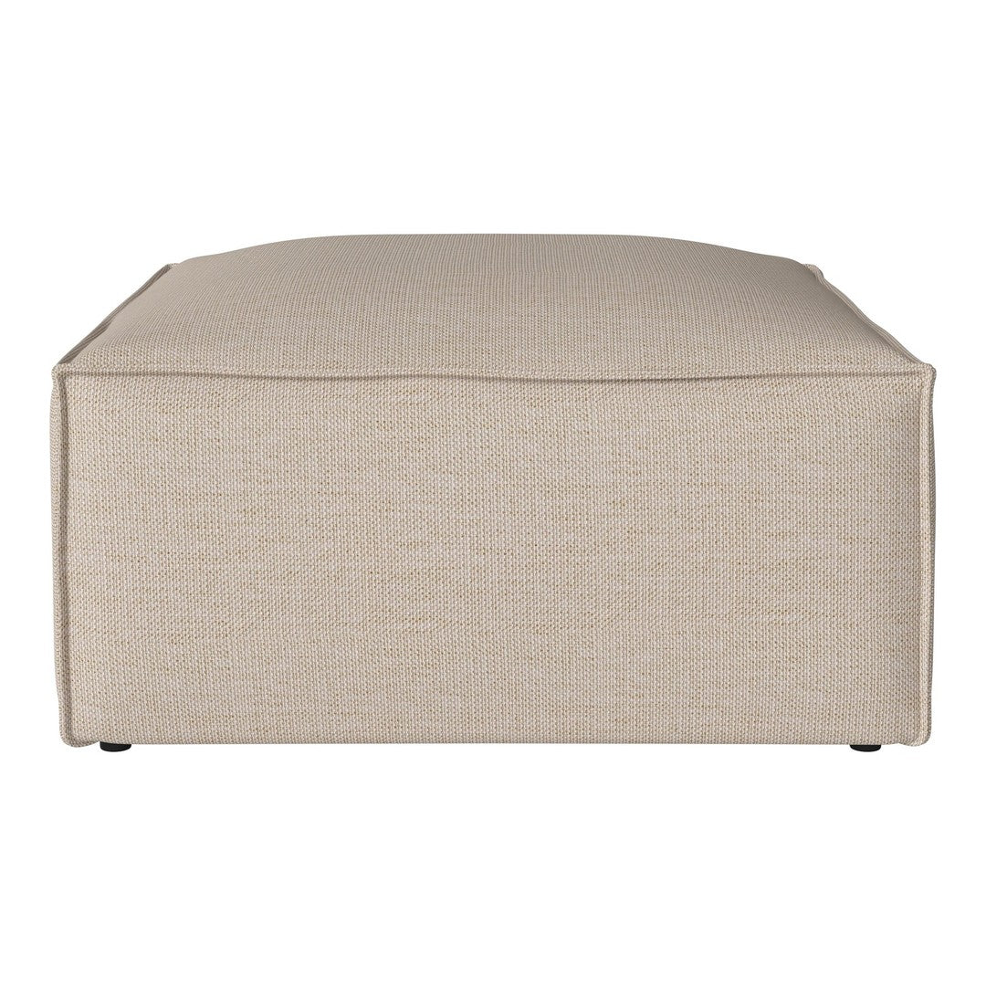 Light beige square ottoman with a textured fabric pattern, perfect for modern and minimalist decor.
