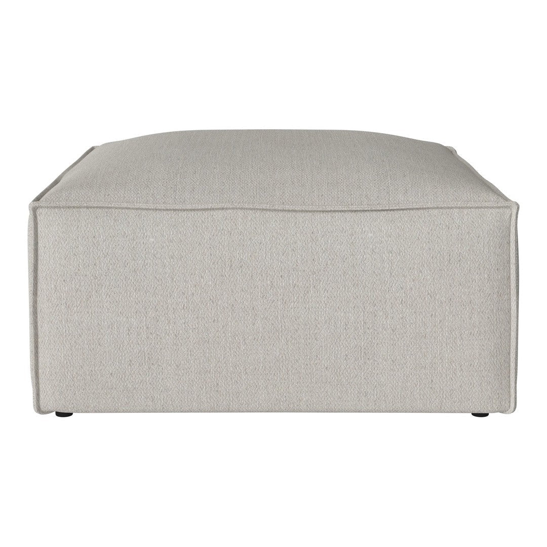 Beige square ottoman with a textured woven fabric pattern. Simple and modern design for versatile home décor.