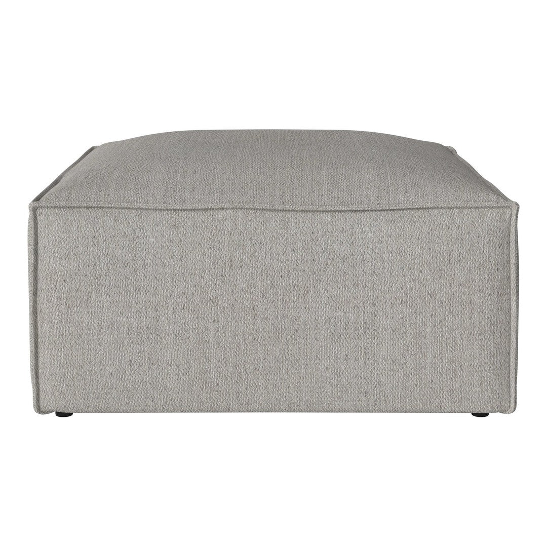 Gray textured fabric ottoman, featuring a sleek rectangular design without intricate patterns. Ideal for modern decor.