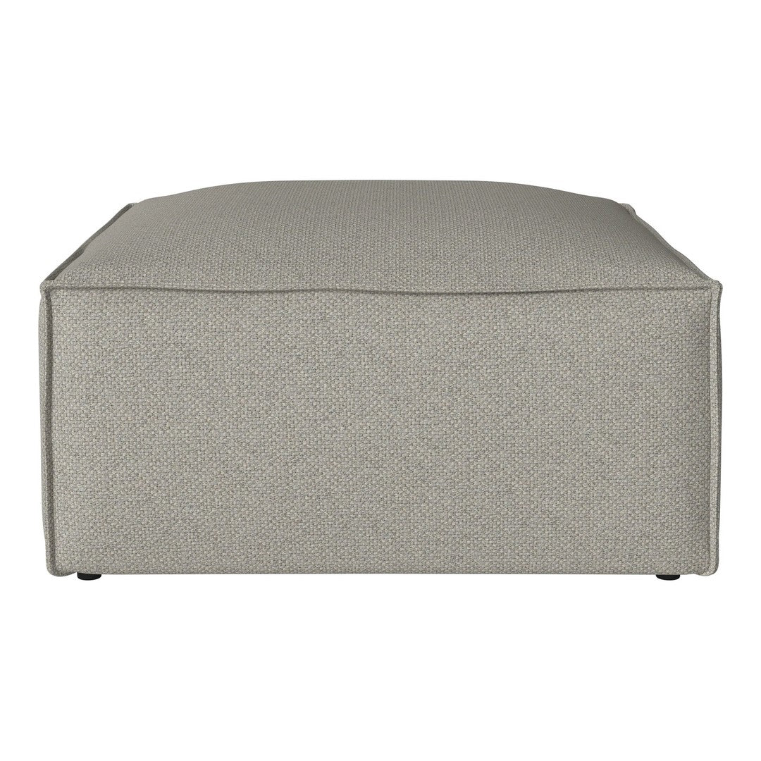 Beige upholstered ottoman with a subtle textured pattern, offering a modern, minimalist look.
