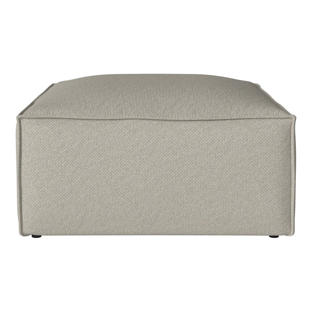 Light gray fabric ottoman with a smooth texture and minimalist design, perfect for modern decor.