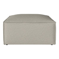 Light gray fabric ottoman with a smooth texture and minimalist design, perfect for modern decor.