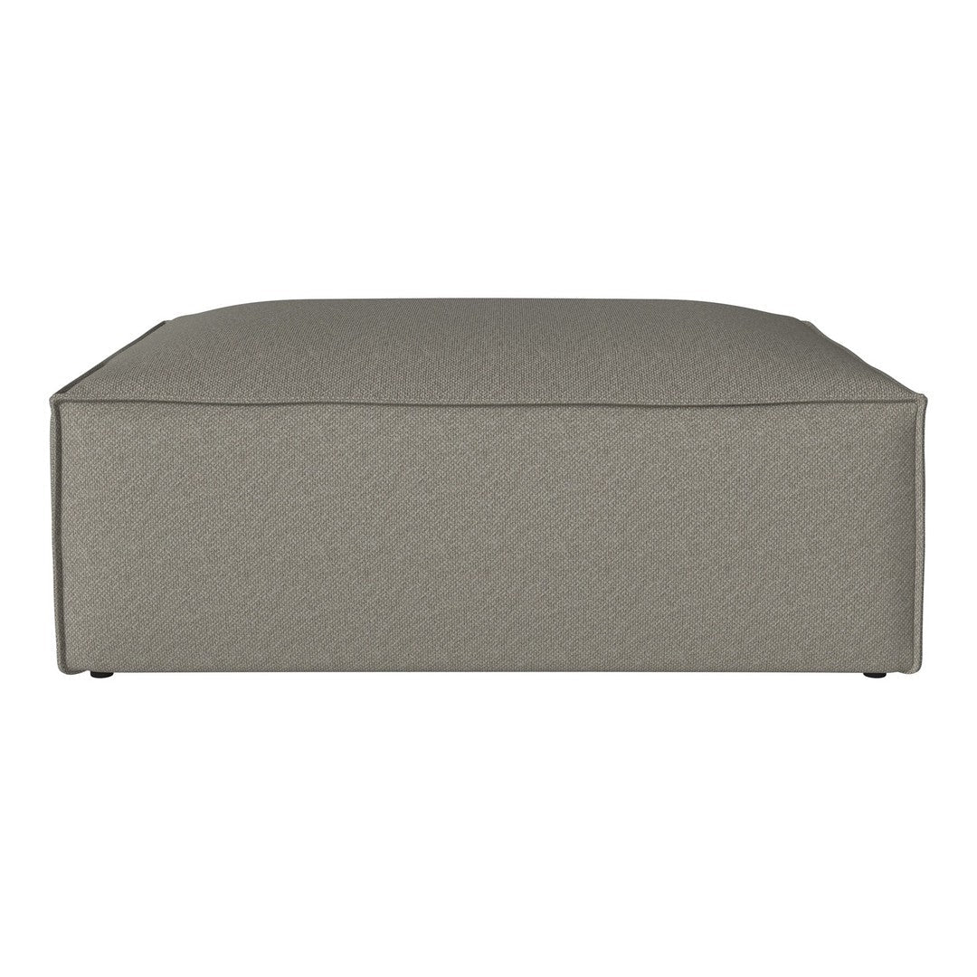 Gray square ottoman with a textured, fabric surface, featuring subtle, muted tones for a contemporary look.
