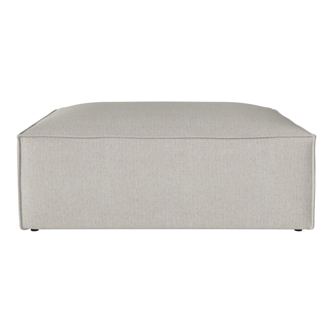 Grey square ottoman with a smooth, solid fabric texture and minimalistic design. Perfect for modern interiors.
