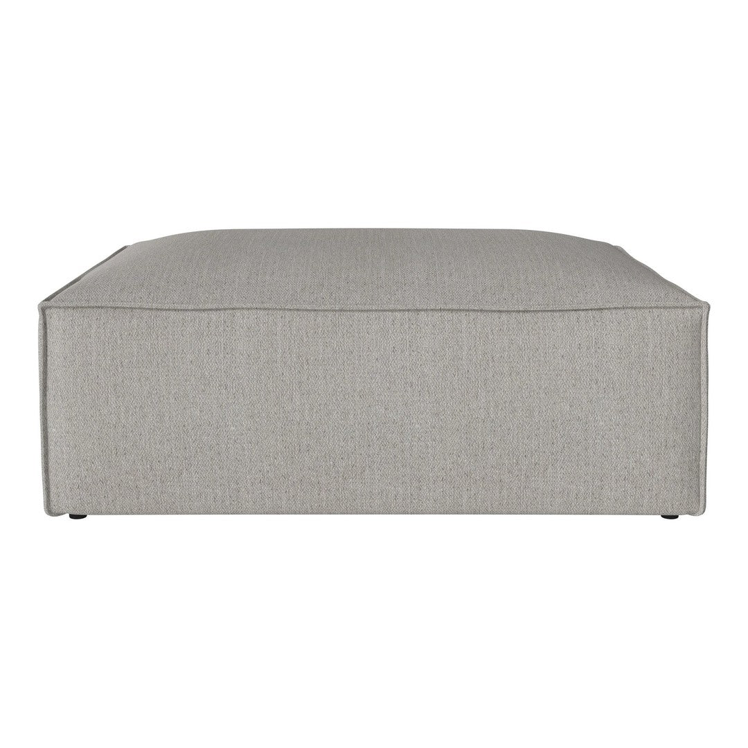 Gray upholstered ottoman with a sleek, minimalist design and subtle textured pattern. Perfect for modern decor.