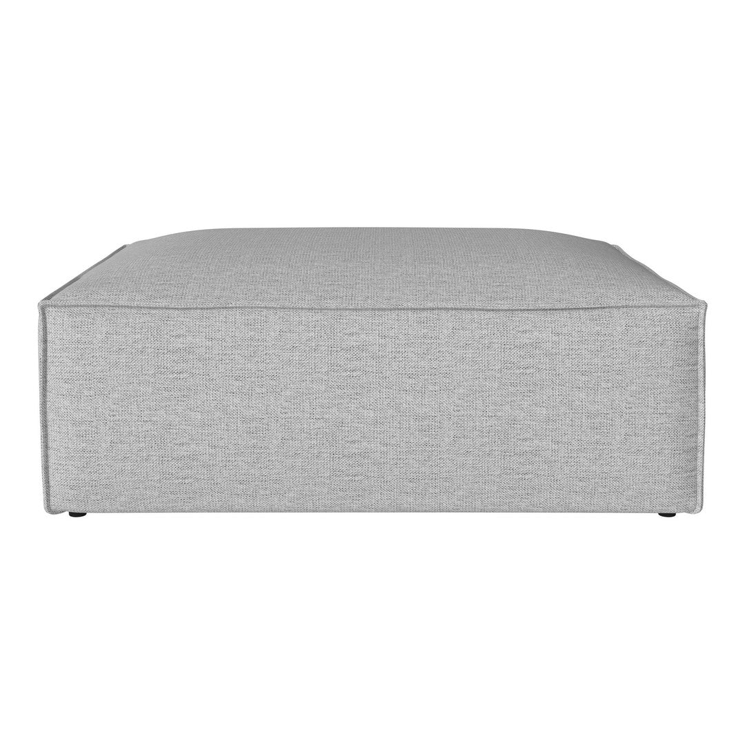 Gray upholstered ottoman with a textured fabric pattern, featuring a modern square design.