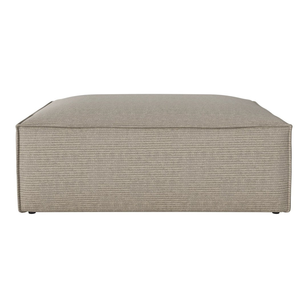Beige ottoman with a subtle striped pattern, featuring a sleek, modern design for versatile home decor.