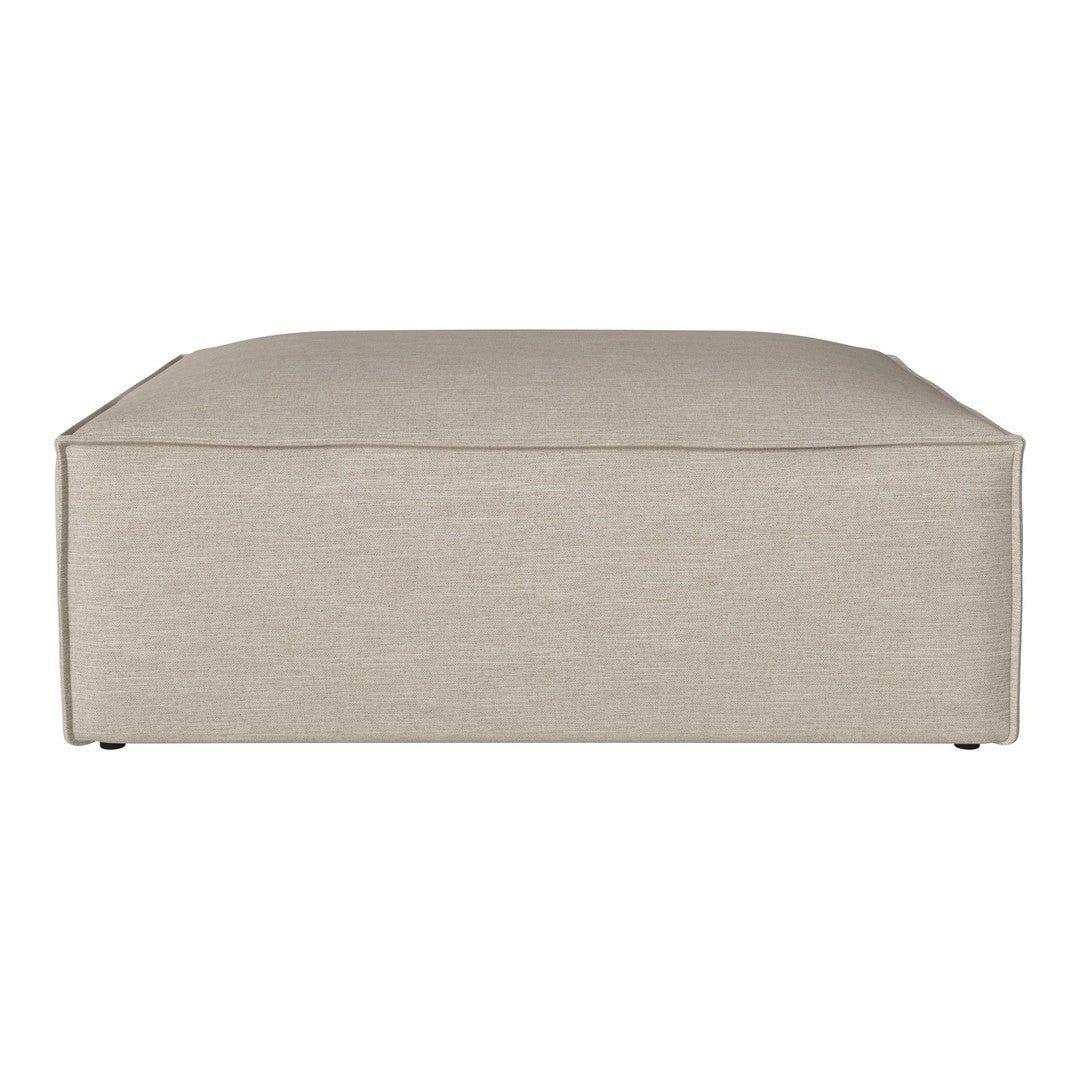 Beige rectangular ottoman with a smooth, textured fabric finish, perfect for modern interiors.