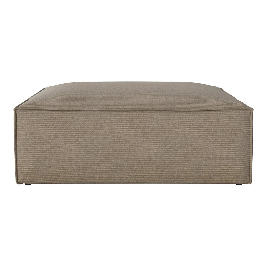 "Square beige ottoman with a subtle textured pattern, ideal for modern living spaces."